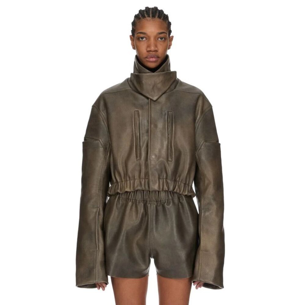 Rick Owens Women Leather Bomber Jacket - Collared Mac Bomber Washed